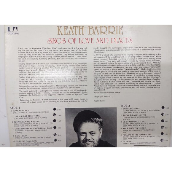 Keath Barrie – Sings of Love & Places (1974) Vinyl LP UA Folk UALA-350G - Picture 5 of 10
